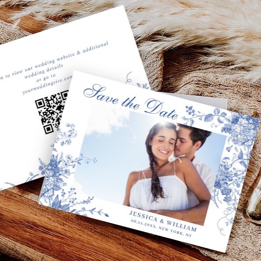 Victoriaans Blauw Frans Bloemen Trouwfoto QR-code Save The Date