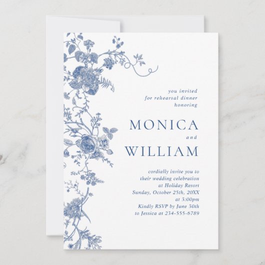 Victoriaans blauw Frans bloemenrepetitiediner Kaart (Voorkant)