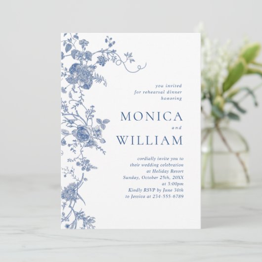 Victoriaans blauw Frans bloemenrepetitiediner Kaart (Staand voorkant)