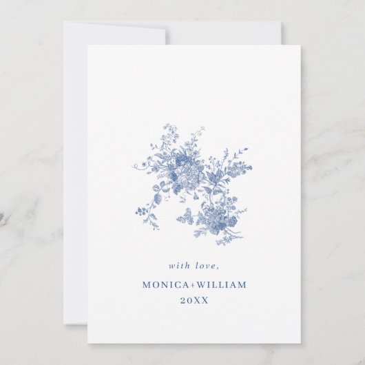 Victoriaans blauw Frans bloemenrepetitiediner Kaart (Achterkant)