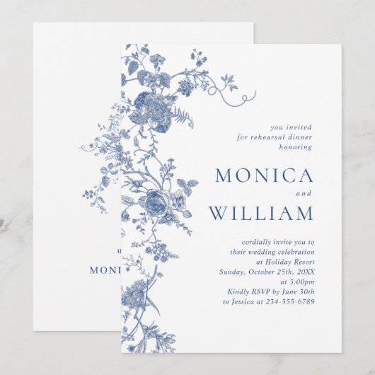 Victoriaans blauw Frans bloemenrepetitiediner Kaart (Voorkant / Achterkant)