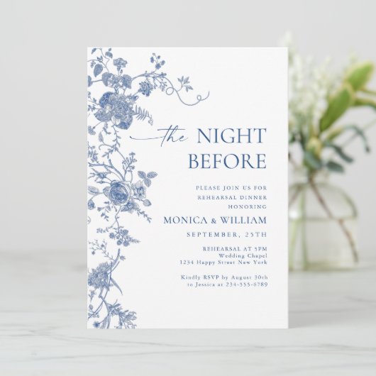 Victoriaans blauw Frans bloemenrepetitiediner Kaart (Staand voorkant)