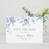 Victoriaans Blauw Frans Rozen Tuin Bloemen Bruilof Save The Date (Staand voorkant)