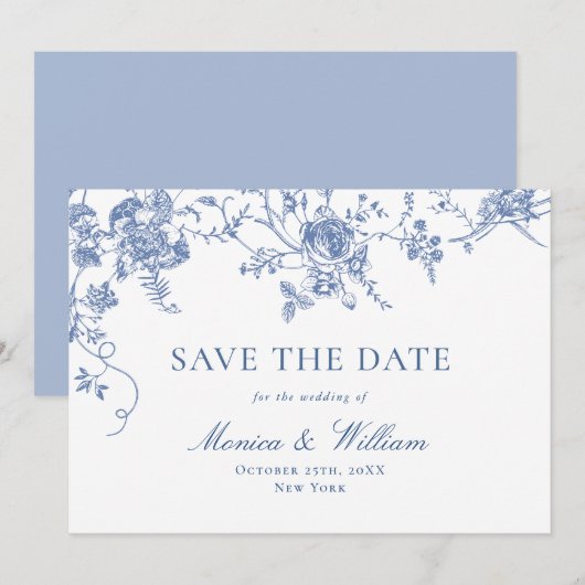 Victoriaans Blauw Frans Rozen Tuin Bloemen Bruilof Save The Date (Voorkant / Achterkant)