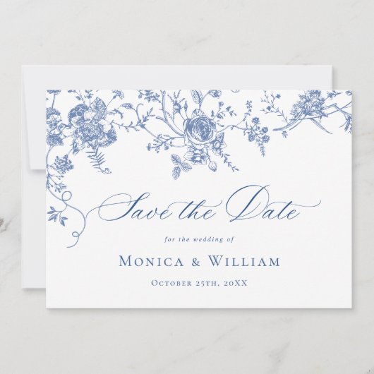 Victoriaans Blauw Frans Rozen Tuin Bloemen Bruilof Save The Date (Voorkant)