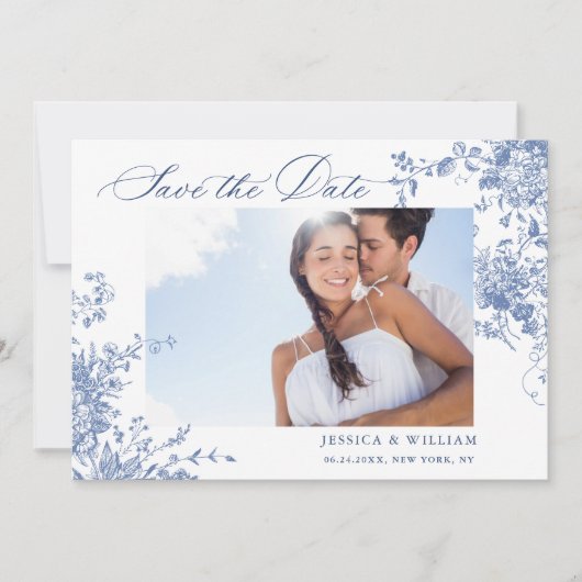 Victoriaans Blauw Frans Rozen Tuin QR code Bruilof Save The Date (Voorkant)