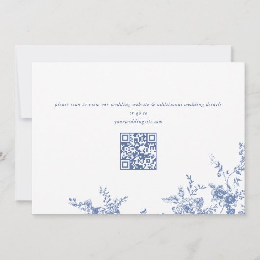 Victoriaans Blauw Frans Rozen Tuin QR code Bruilof Save The Date (Achterkant)