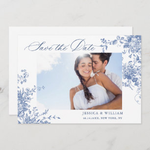 Victoriaans Blauw Frans Rozen Tuin QR code Bruilof Save The Date