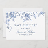 Victoriaans Blauw Frans Rozen Tuin QR code Bruilof Save The Date (Voorkant)