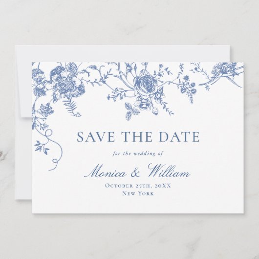 Victoriaans Blauw Frans Rozen Tuin QR code Bruilof Save The Date (Voorkant)