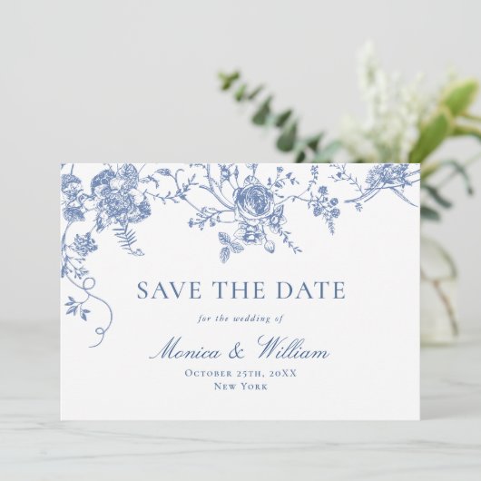 Victoriaans Blauw Frans Rozen Tuin QR code Bruilof Save The Date (Staand voorkant)
