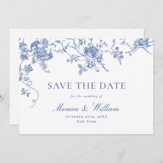 Victoriaans Blauw Frans Rozen Tuin QR code Bruilof Save The Date (Voorkant / Achterkant)