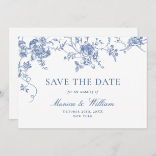 Victoriaans Blauw Frans Rozen Tuin QR code Bruilof Save The Date
