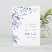 Victoriaans blauw Frans toilet tuin bloemenbruilof Save The Date (Staand voorkant)