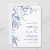 Victoriaans Blauw Frans Tuin Bloemen Bruiloft Kaart (Voorkant)