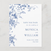 Victoriaans Blauw Frans Tuin Bruiloft Save the Dat Briefkaart (Voorkant)