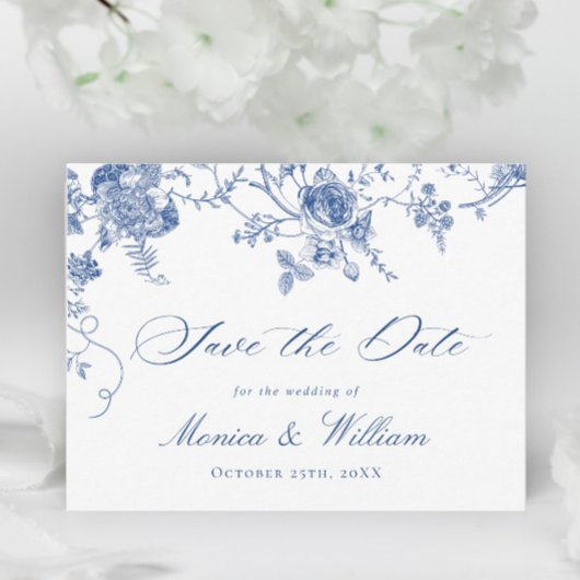 Victoriaans Blauw Frans Tuin Bruiloft Save the Dat Briefkaart