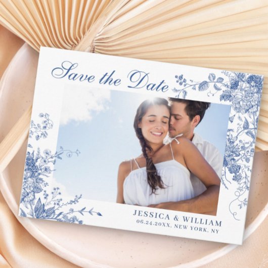 Victoriaans Blauw Frans Tuin Bruiloft Save the Dat Briefkaart