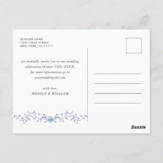 Victoriaans Blauw Frans Tuin Bruiloft Save the Dat Briefkaart (Achterkant)