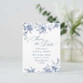 Victoriaans Blauw Frans Tuin Bruiloft Save the Dat Briefkaart (Staand voorkant)
