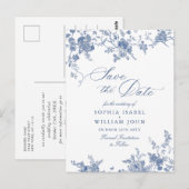 Victoriaans Blauw Frans Tuin Bruiloft Save the Dat Briefkaart (Voorkant / Achterkant)
