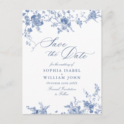 Victoriaans Blauw Frans Tuin Bruiloft Save the Dat Briefkaart (Voorkant)