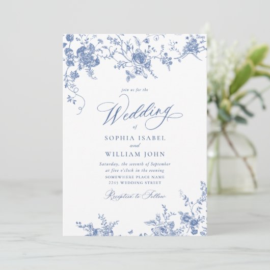 Victoriaans Blauw Frans Tuin QR code Foto Bruiloft Kaart (Staand voorkant)