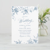 Victoriaans Blauw Frans Tuin Toile Bloemenbruiloft Kaart (Staand voorkant)