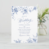 Victoriaans Blauw Frans Tuin Toile Bloemenbruiloft Kaart (Staand voorkant)