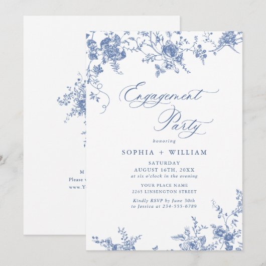 Victoriaans Blauw Frans Tuin VERLOVINGSFEEST Kaart (Voorkant / Achterkant)