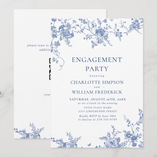 Victoriaans Blauw Frans Tuin VERLOVINGSFEEST QR Kaart (Voorkant / Achterkant)