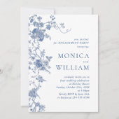Victoriaans Blauw Franse Bloemen ENGAGEMENT PARTY Kaart (Voorkant)