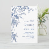 Victoriaans Blauw Franse Bloemen Foto QR code Huwe Kaart (Staand voorkant)