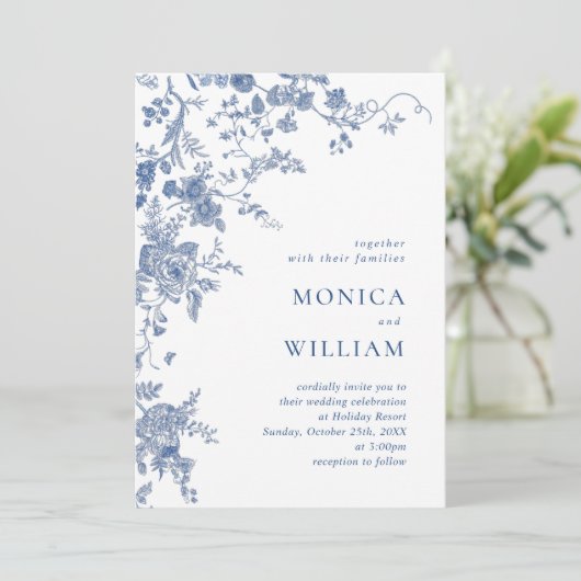 Victoriaans Blauw Franse Bloemen Foto QR code Huwe Kaart (Staand voorkant)