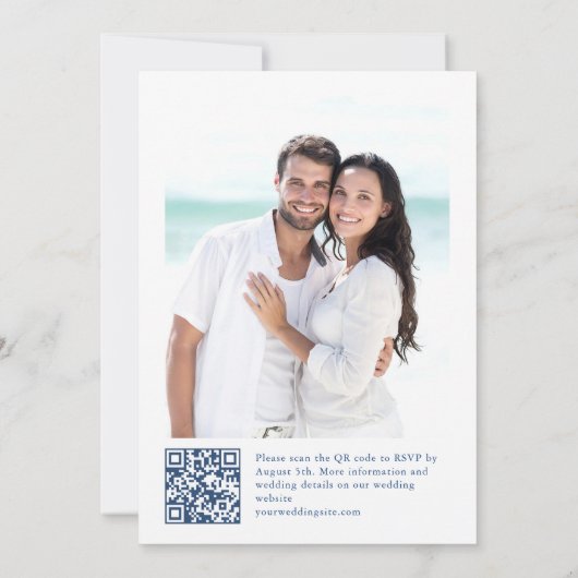 Victoriaans Blauw Franse Bloemen Foto QR code Huwe Kaart (Achterkant)