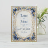 Victoriaans Blauw & Goud Bloemen Kant Huwelijk Kaart (Staand voorkant)