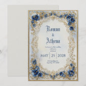 Victoriaans Blauw & Goud Bloemen Kant Huwelijk Kaart (Voorkant / Achterkant)