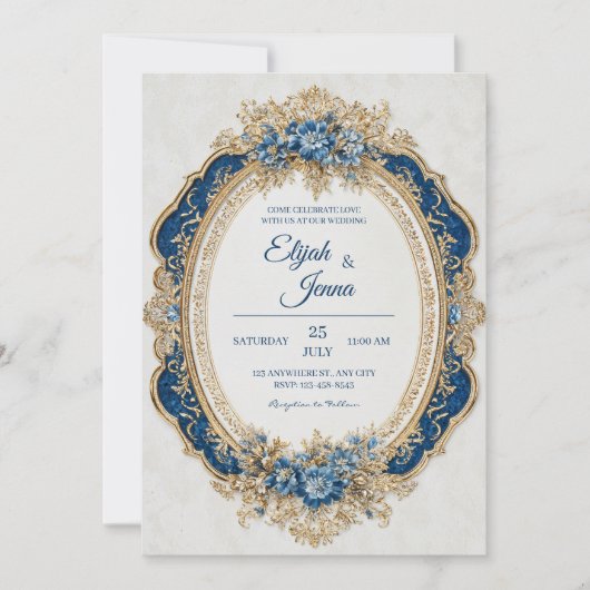 Victoriaans blauw met elegante bloemenaccenten bru kaart (Voorkant)