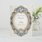 Victoriaans blauw met witte rozen gouden Lijst bru Kaart (Staand voorkant)