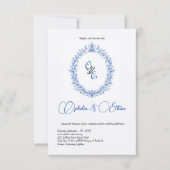 Victoriaans Blauw Monogram Floral Crest Kaart (Voorkant)