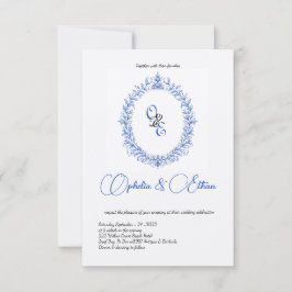 Victoriaans Blauw Monogram Floral Crest Kaart