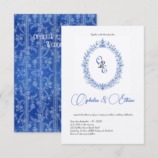 Victoriaans Blauw Monogram Floral Crest Kaart (Voorkant / Achterkant)