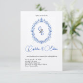 Victoriaans Blauw Monogram Floral Crest Kaart (Staand voorkant)