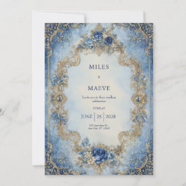 Victoriaans Blauw Roos & Gold Scroll Wedding Kaart