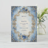 Victoriaans Blauw Roos & Gold Scroll Wedding Kaart (Staand voorkant)