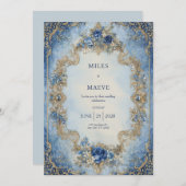 Victoriaans Blauw Roos & Gold Scroll Wedding Kaart (Voorkant / Achterkant)
