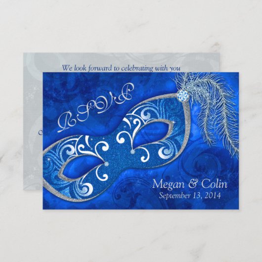 Victoriaans Blauw Zilver Maskerade Bal Bruiloft RS RSVP Kaartje (Voorkant / Achterkant)