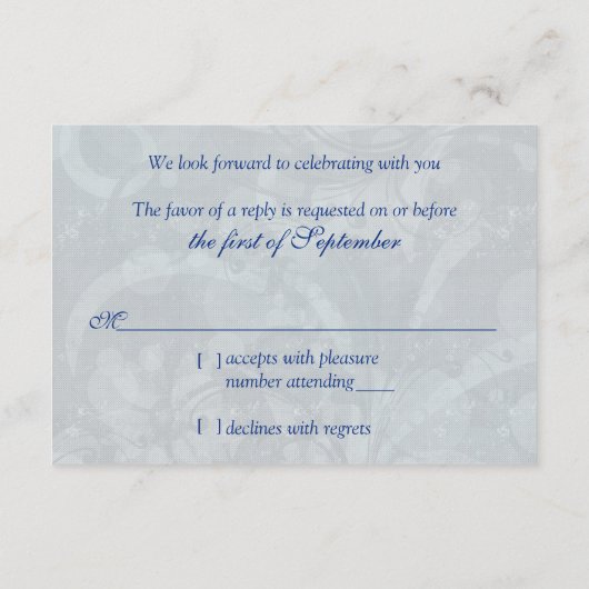 Victoriaans Blauw Zilver Maskerade Bal Bruiloft RS RSVP Kaartje (Achterkant)