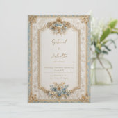 Victoriaans Blauwe Barok Bloemen Huwelijk Kaart (Staand voorkant)