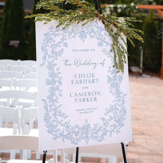 Victoriaans Blauwe Barok Line Art Wedding Poster